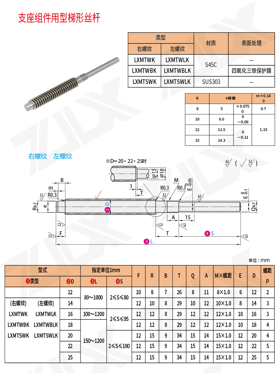 30度梯形丝杠 丝杠支座组件用型