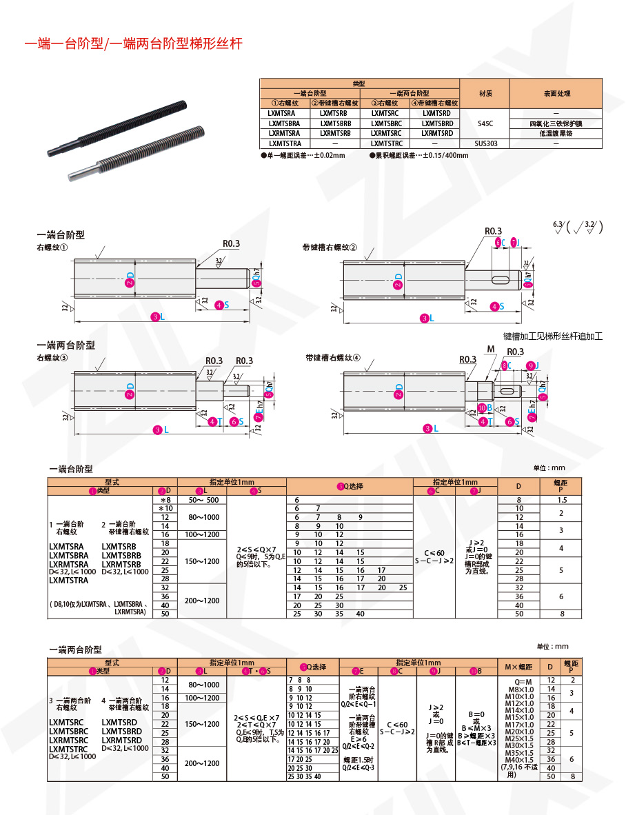 一端一台阶型/一端两台阶型梯形丝杆