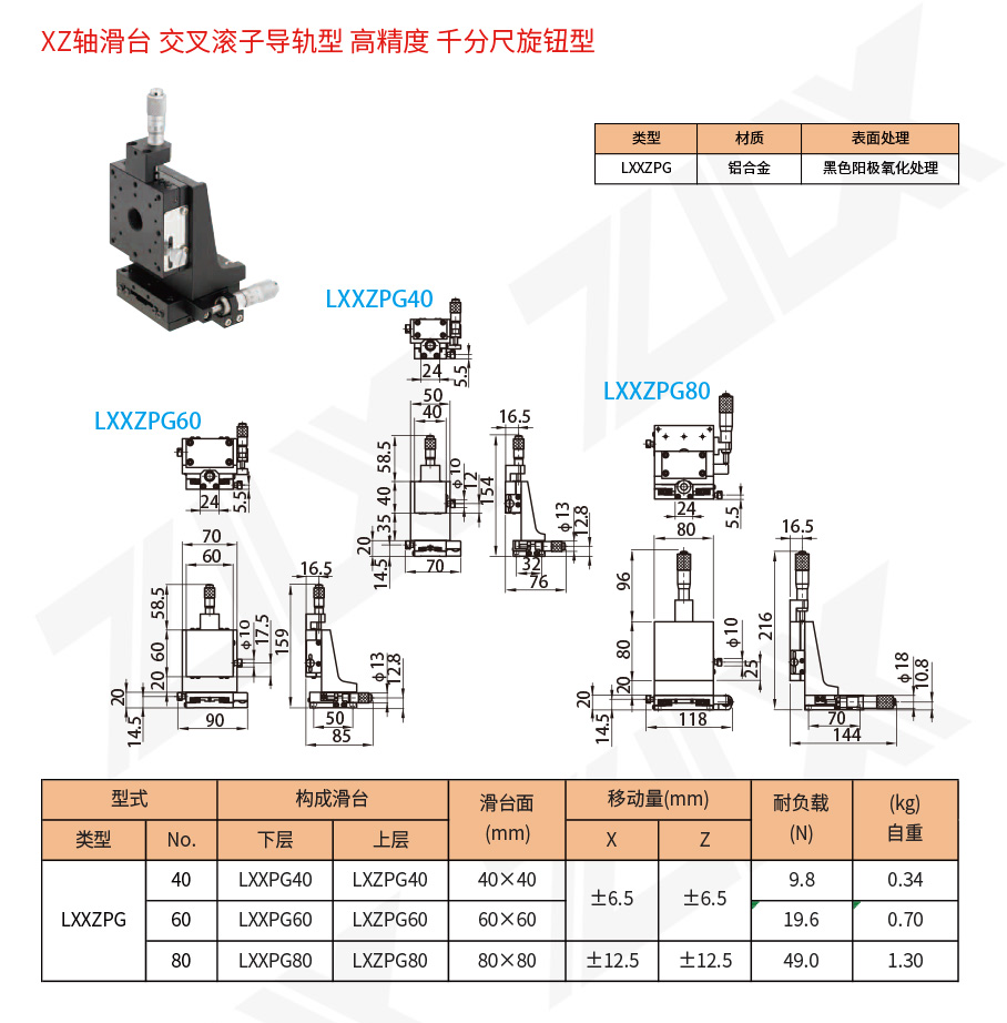 XZ-21XZ轴滑台交叉滚子导轨型高精度千分尺旋钮型