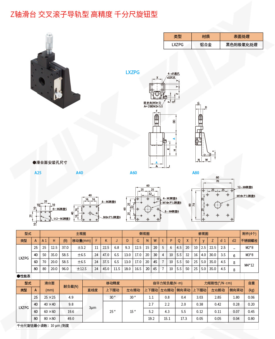 Z-91Z轴滑台交叉滚子导轨型高精度千分尺旋钮型